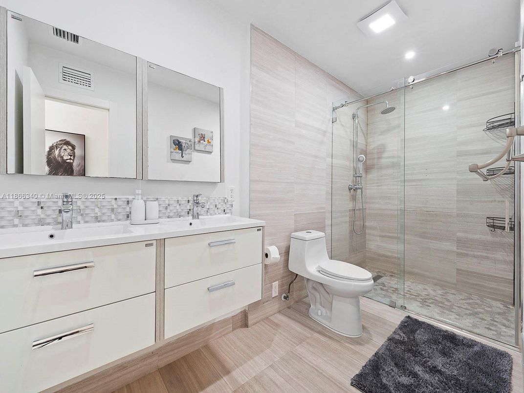 Bathroom, Glass Shower, Interior, Recessed Lighting, Wood Texture Flooring