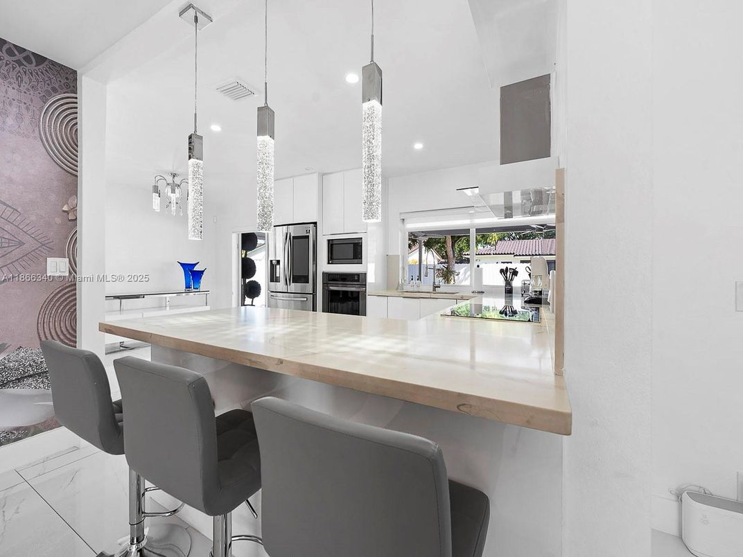 Interior, Kitchen, Marble, Pendant Lights, Recessed Lighting, Stainless Steel Appliances