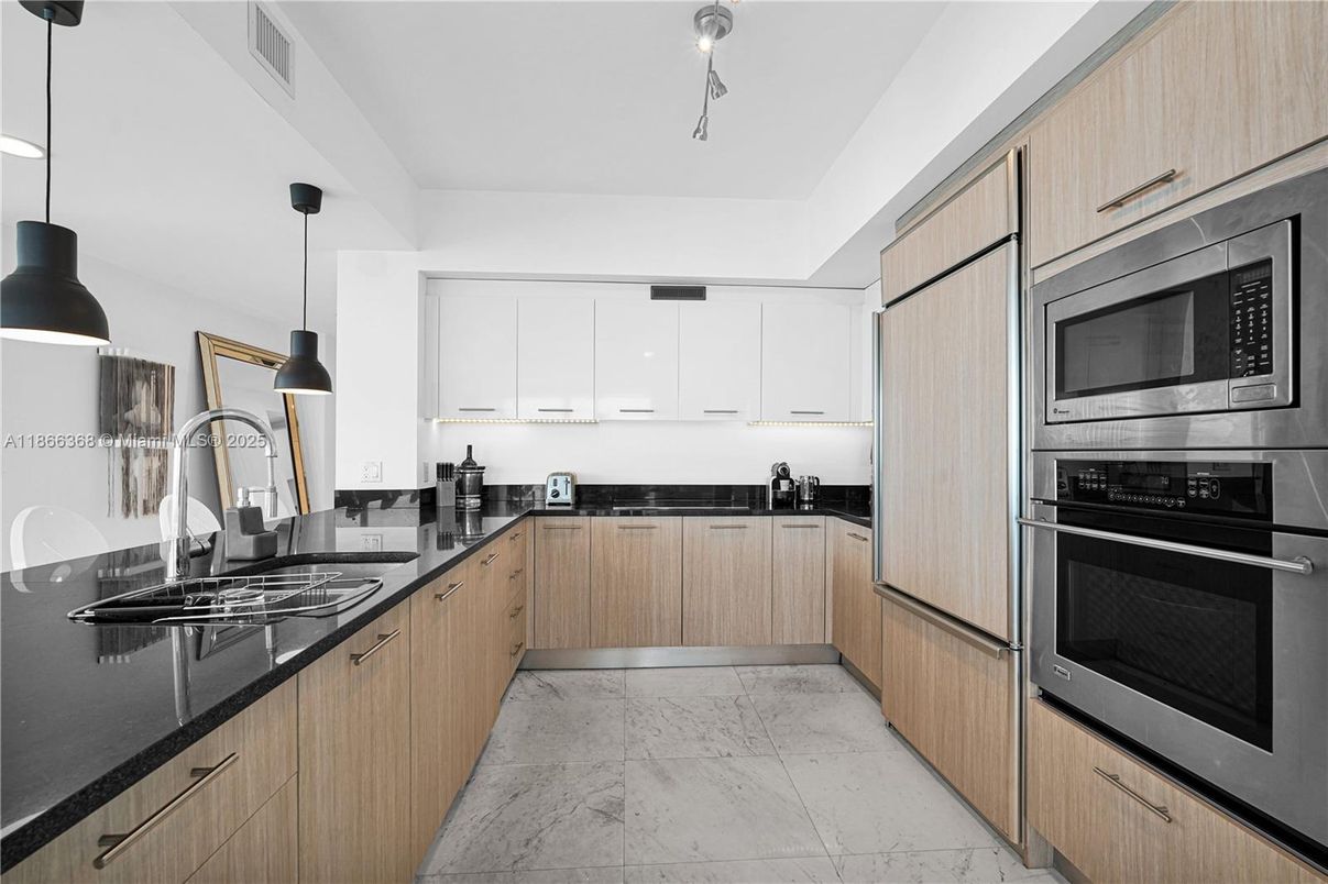 Interior, Kitchen, Marble, Pendant Lights, Stainless Steel Appliances