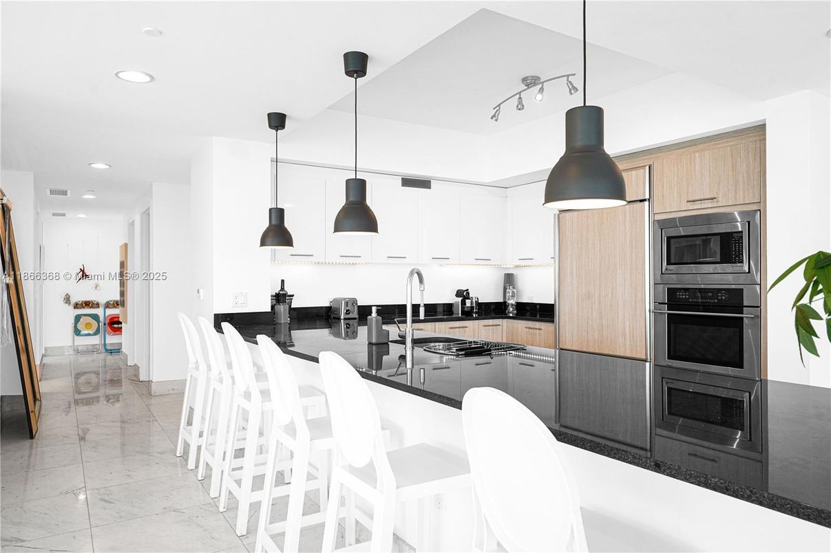 Interior, Kitchen, Marble, Pendant Lights, Recessed Lighting, Stainless Steel Appliances