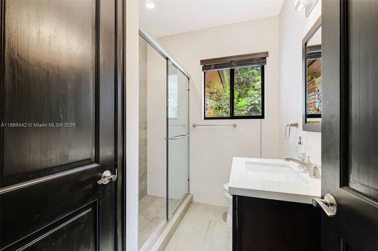 Bathroom, Glass Shower, Interior, Recessed Lighting, Wood Texture Flooring