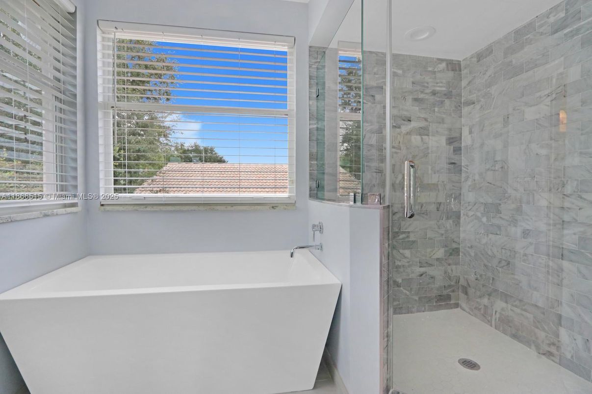 Bathroom, Free Standing Baths, Glass Shower, Interior, Marble Walls, Recessed Lighting