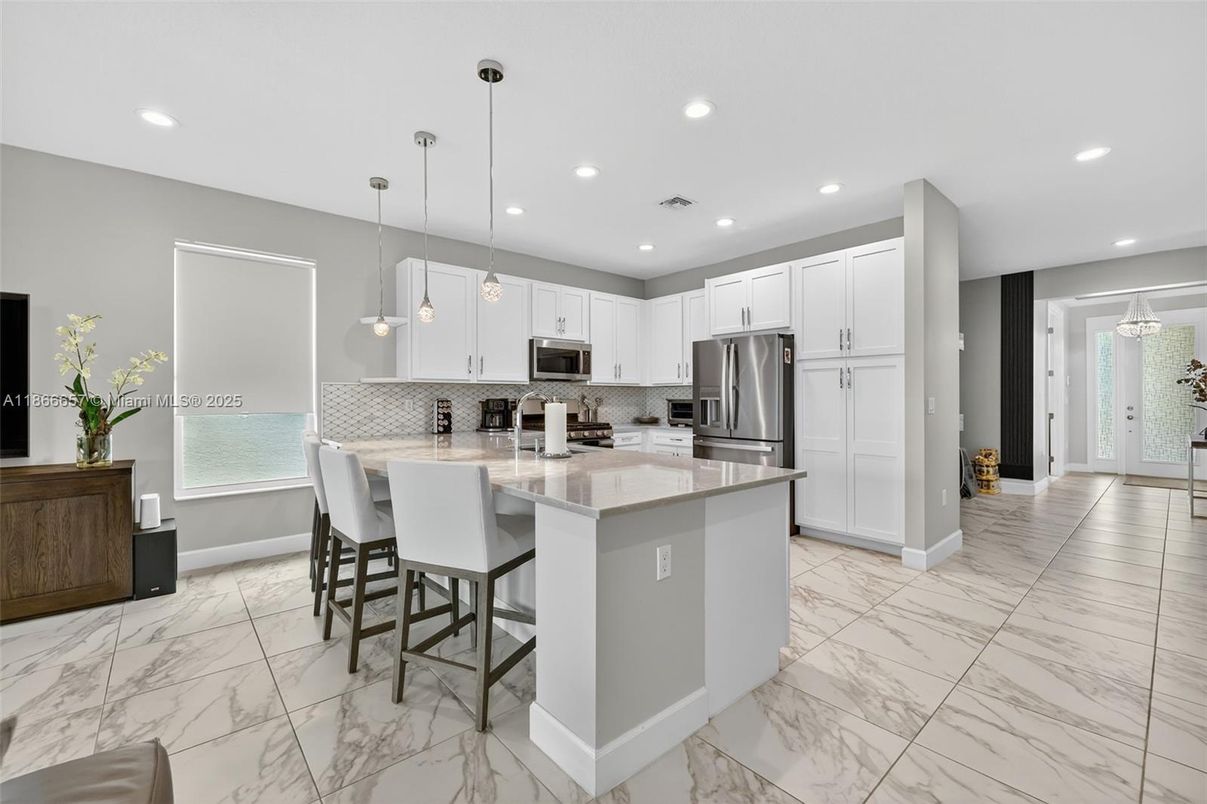 Interior, Kitchen, Marble, Pendant Lights, Recessed Lighting, Stainless Steel Appliances