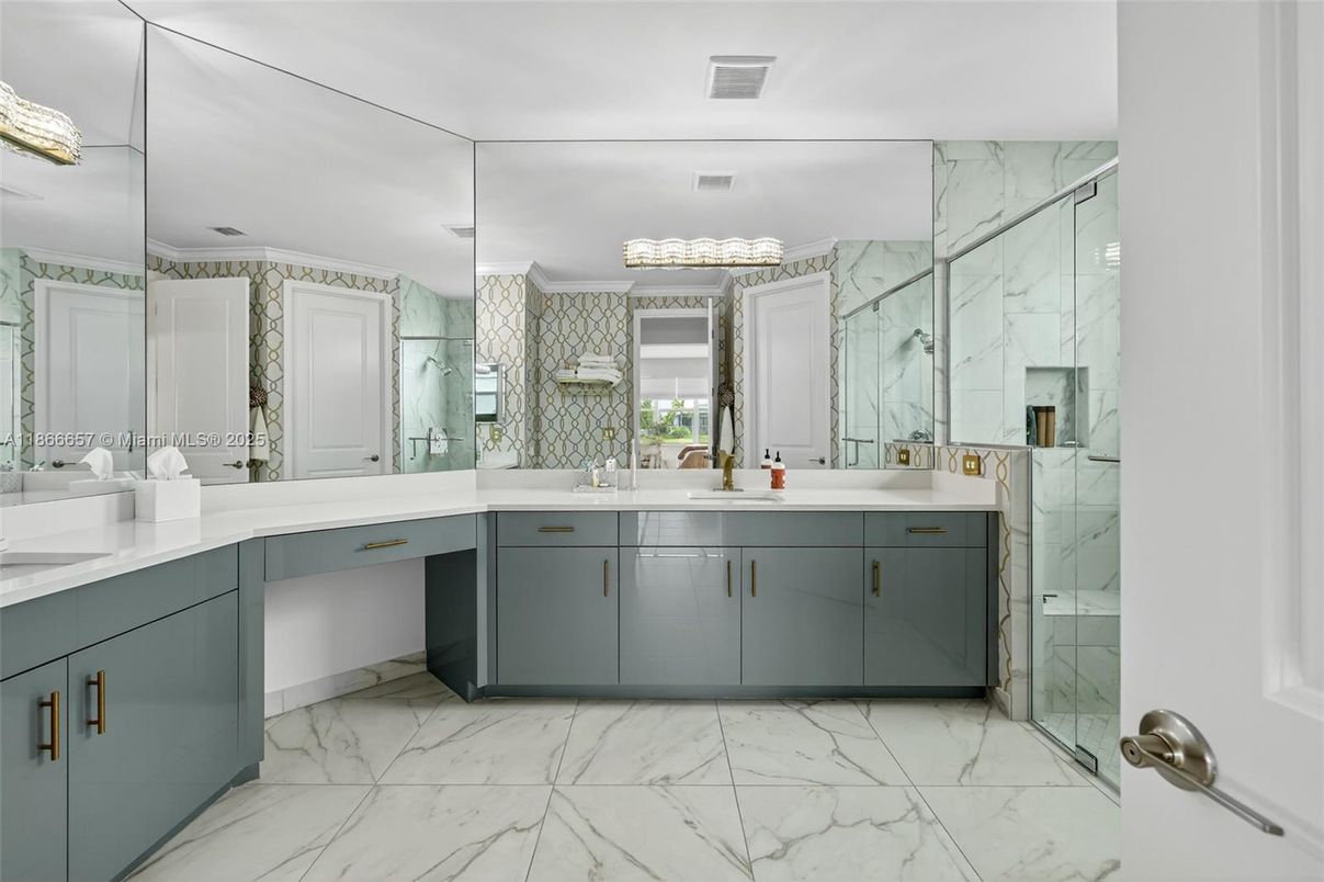 Bathroom, Dual Sink Vanities, Glass Shower, Interior, Marble, Marble Walls