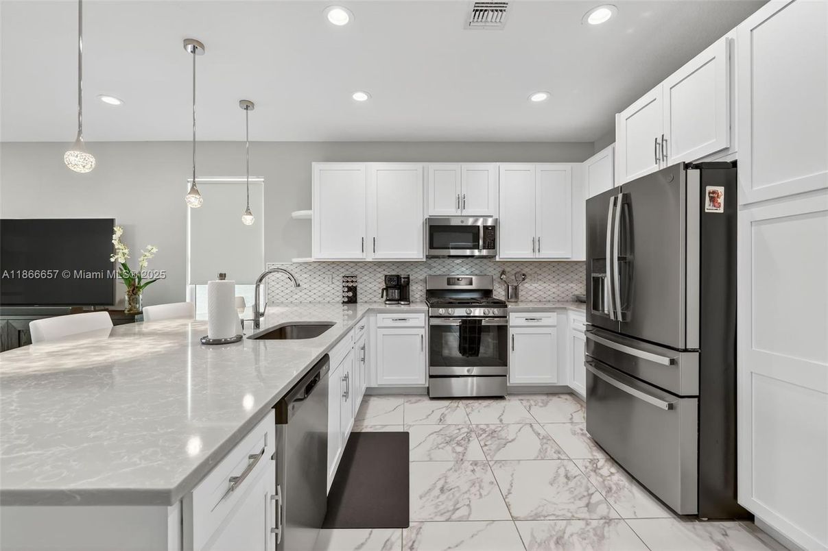 Interior, Kitchen, Marble, Pendant Lights, Recessed Lighting, Stainless Steel Appliances