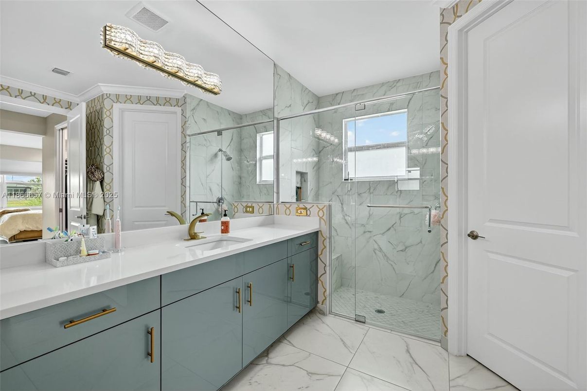 Bathroom, Dual Sink Vanities, Glass Shower, Interior, Marble, Marble Walls