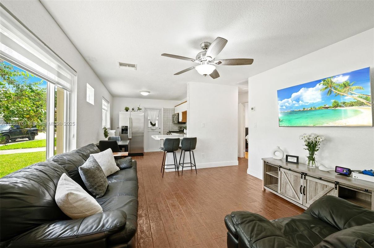 Interior, Kitchen, Living room, Stainless Steel Appliances, Wood Texture Flooring