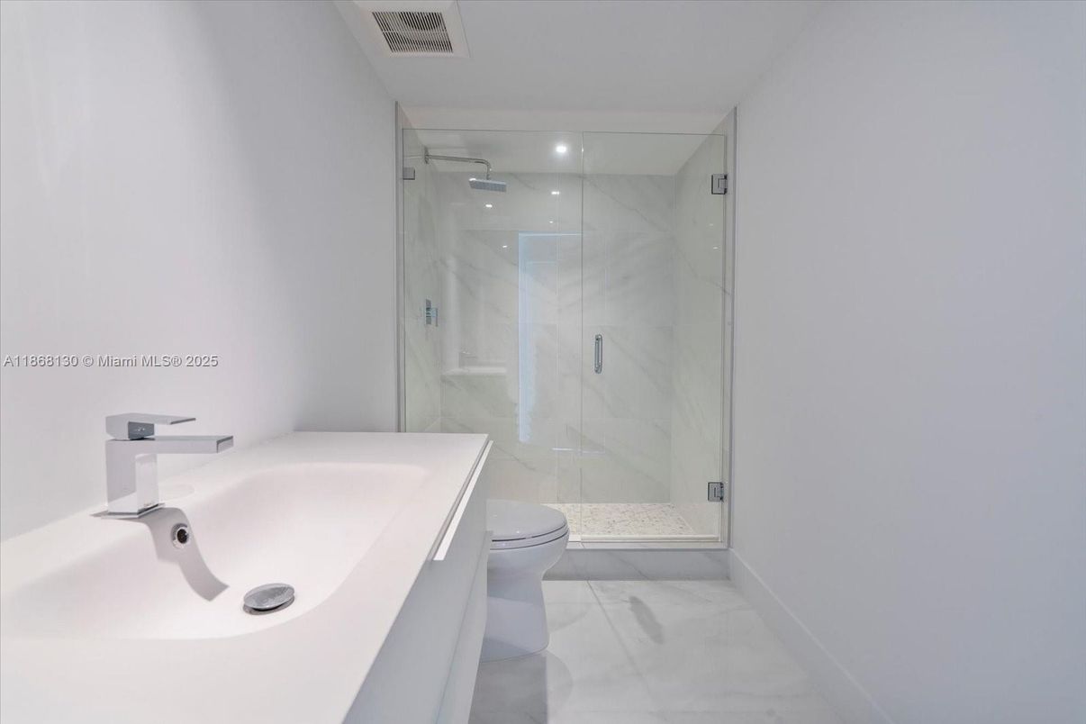 Bathroom, Glass Shower, Interior, Marble, Marble Walls, Recessed Lighting