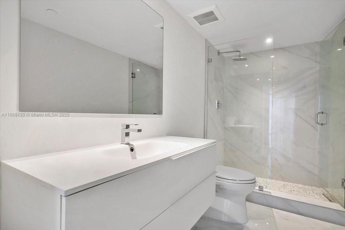 Bathroom, Glass Shower, Interior, Marble, Marble Walls, Recessed Lighting
