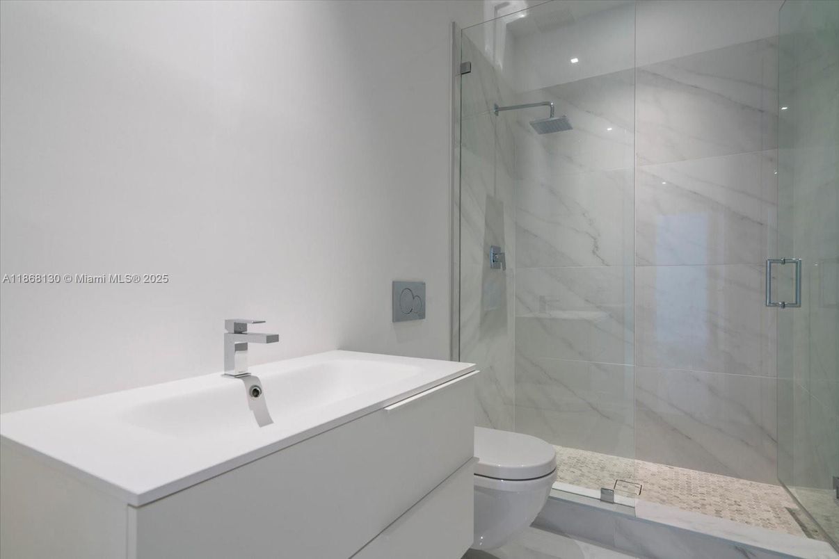 Bathroom, Glass Shower, Interior, Marble Walls, Recessed Lighting