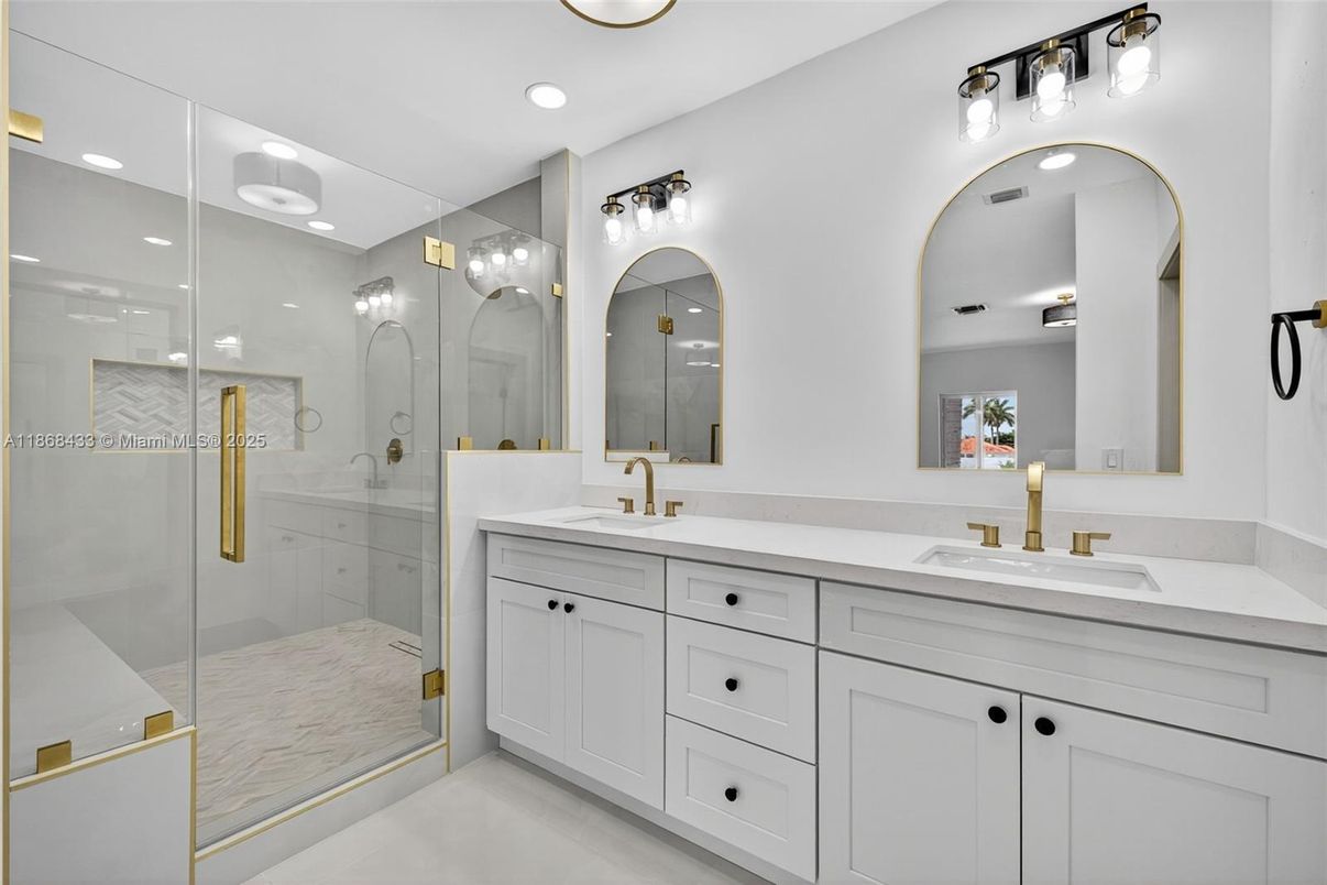 Bathroom, Dual Sink Vanities, Glass Shower, Interior, Recessed Lighting