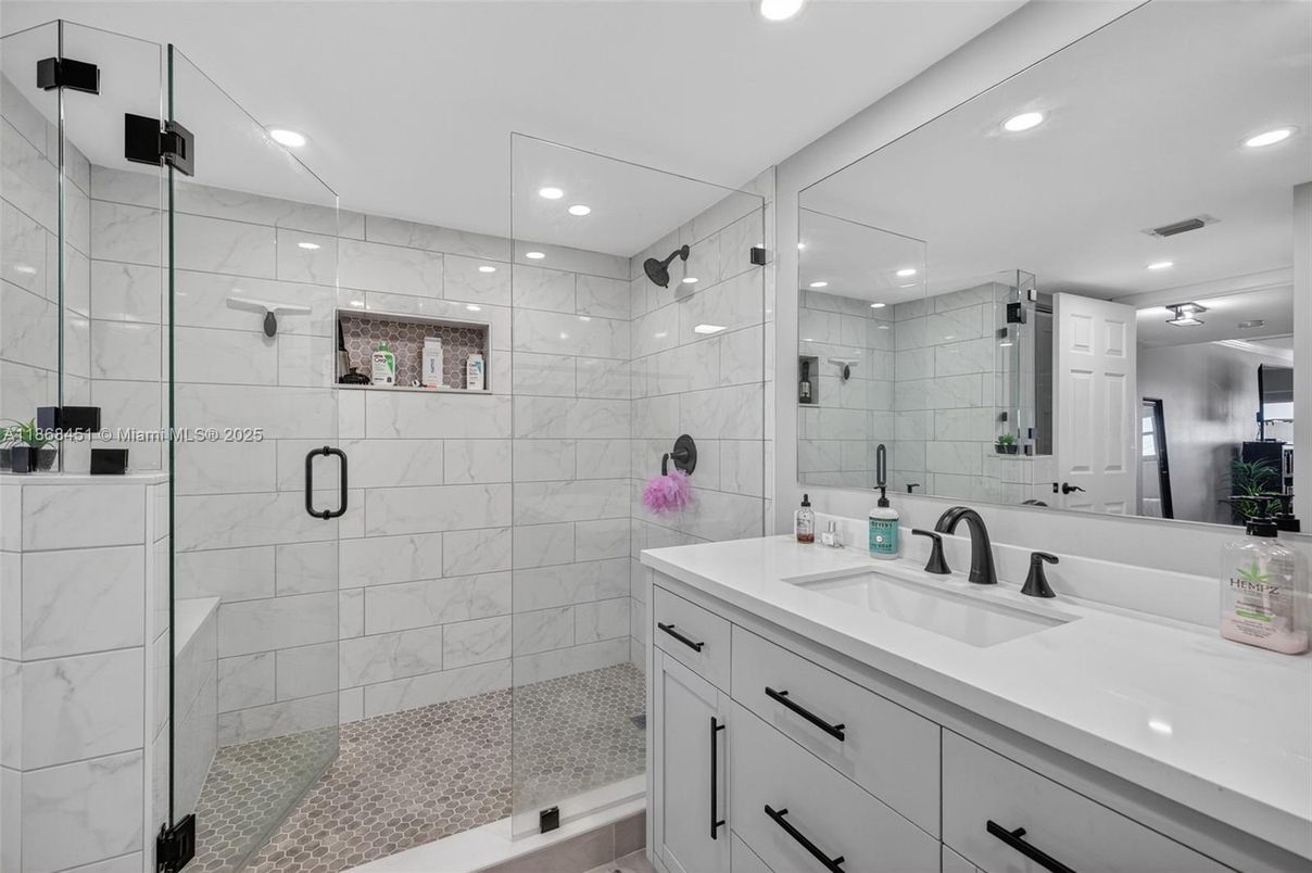 Bathroom, Glass Shower, Interior, Marble Walls, Recessed Lighting
