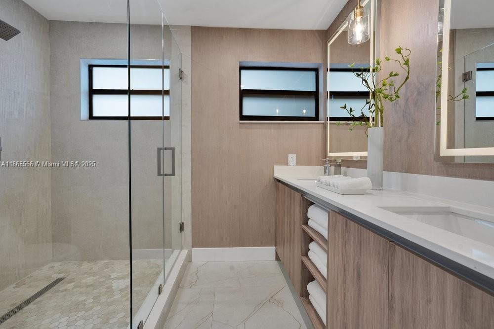 Bathroom, Dual Sink Vanities, Glass Shower, Interior, Marble