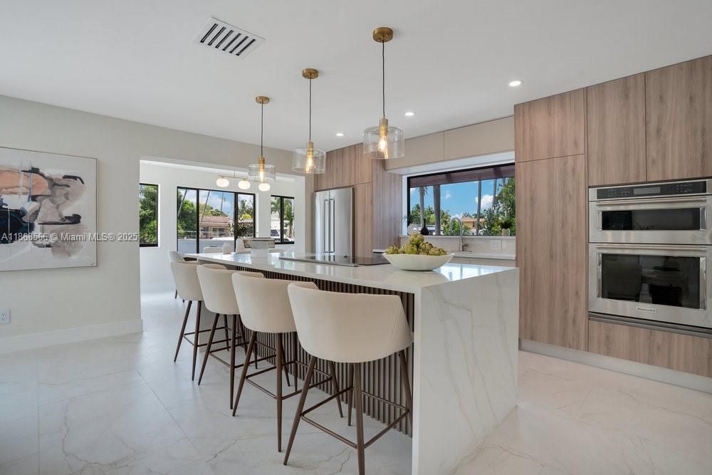 Interior, Kitchen, Marble, Pendant Lights, Recessed Lighting, Stainless Steel Appliances