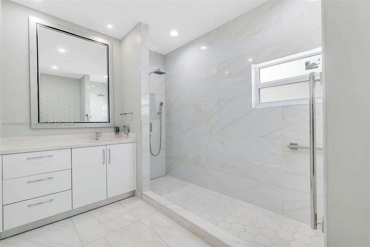 Bathroom, Glass Shower, Interior, Marble Walls, Recessed Lighting