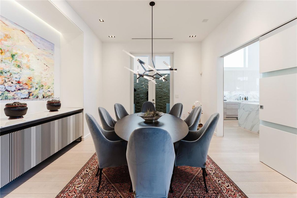 Dining room, Interior, Pendant Lights, Recessed Lighting, Wood Texture Flooring