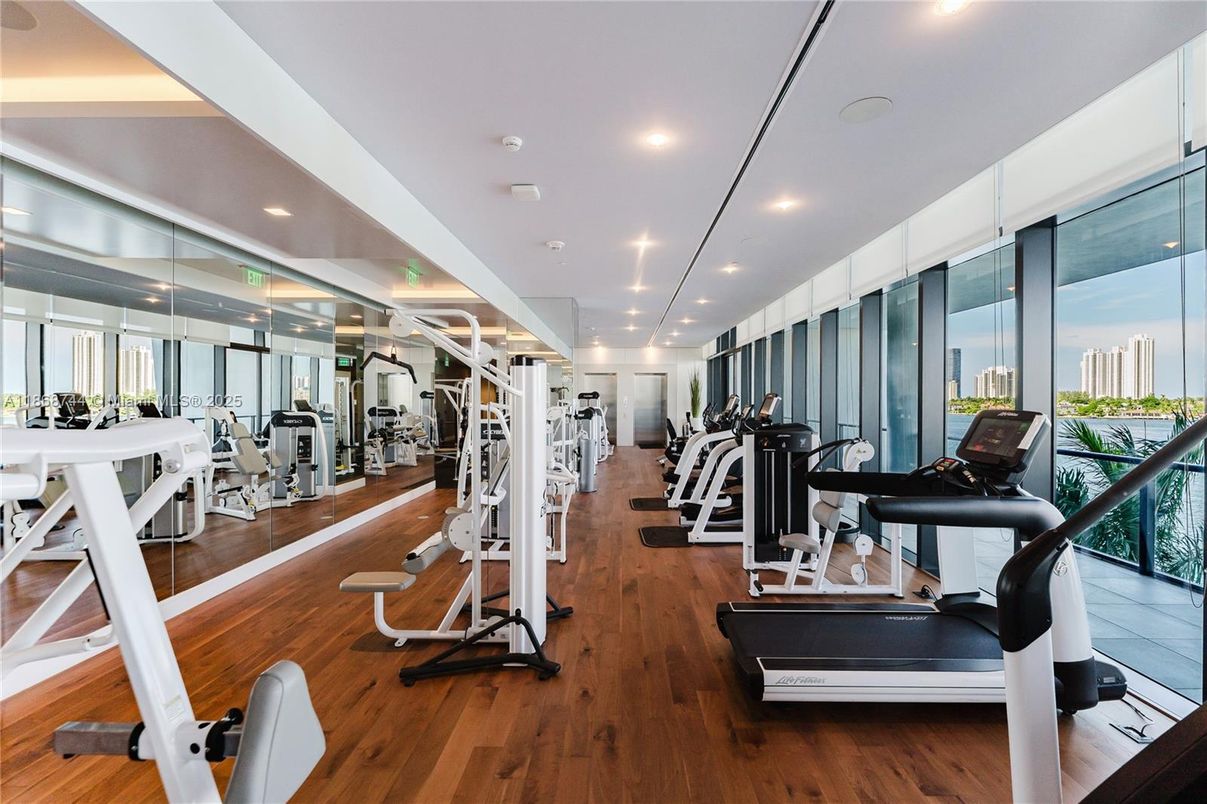 Fitness Equipment, Gym, Interior, Recessed Lighting, Wood Texture Flooring
