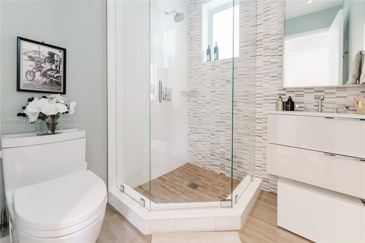 Bathroom, Glass Shower, Interior, Wood Texture Flooring