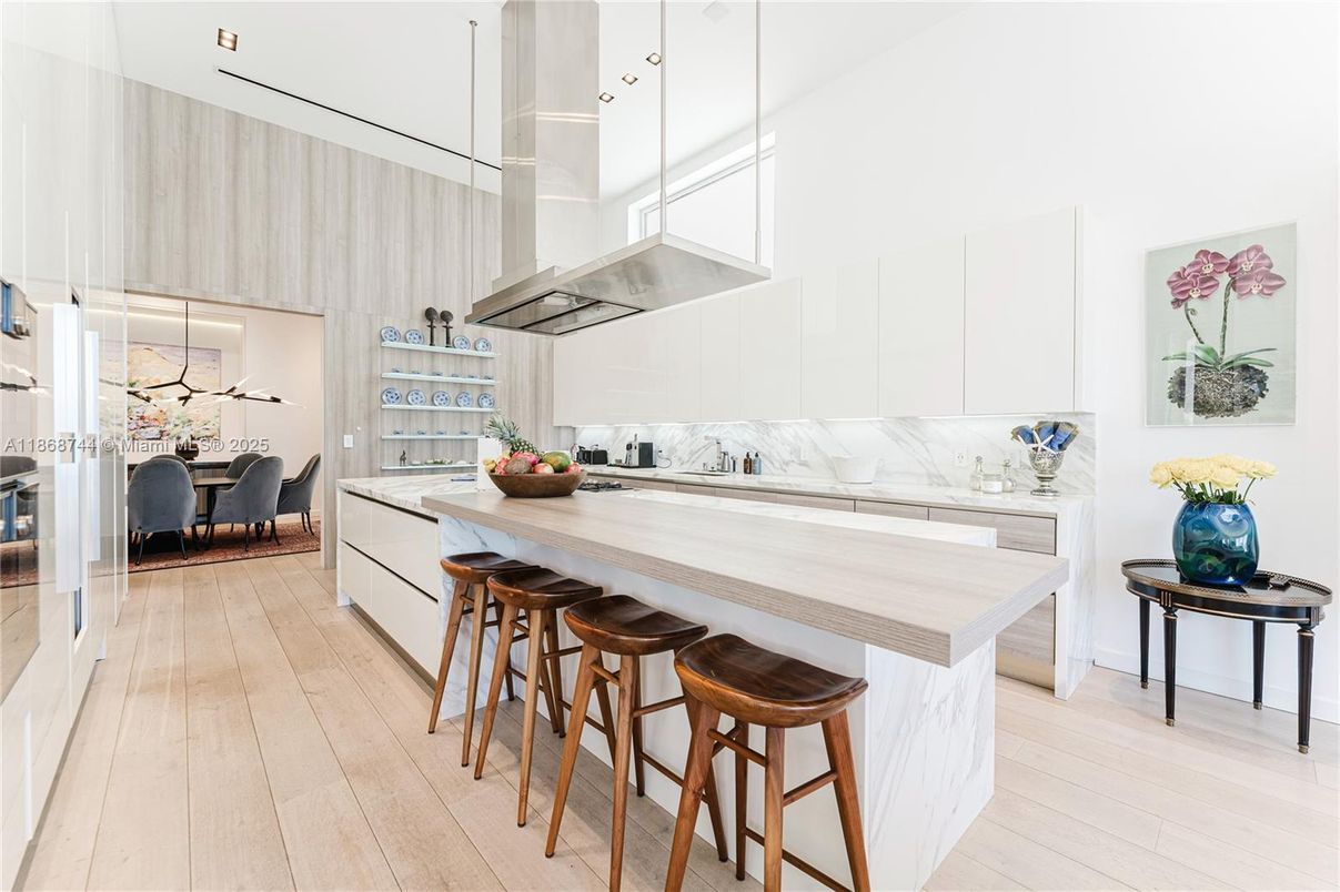 Dining room, Interior, Kitchen, Marble Walls, Pendant Lights, Wood Texture Flooring