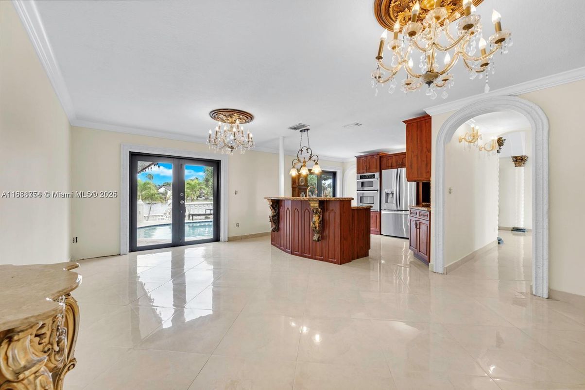 Chandelier, Interior, Kitchen, Stainless Steel Appliances