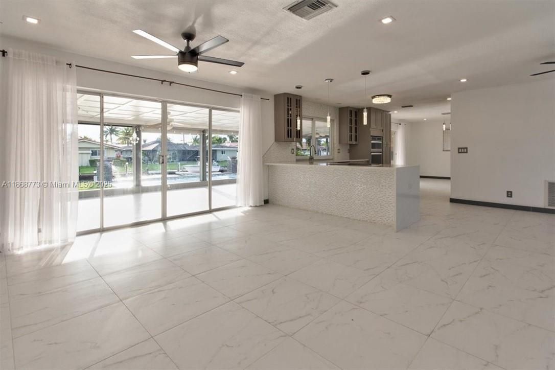 Interior, Kitchen, Marble, Pendant Lights, Recessed Lighting, Stainless Steel Appliances