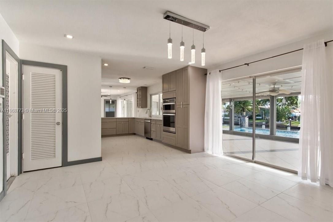 Interior, Kitchen, Marble, Pendant Lights, Recessed Lighting, Stainless Steel Appliances