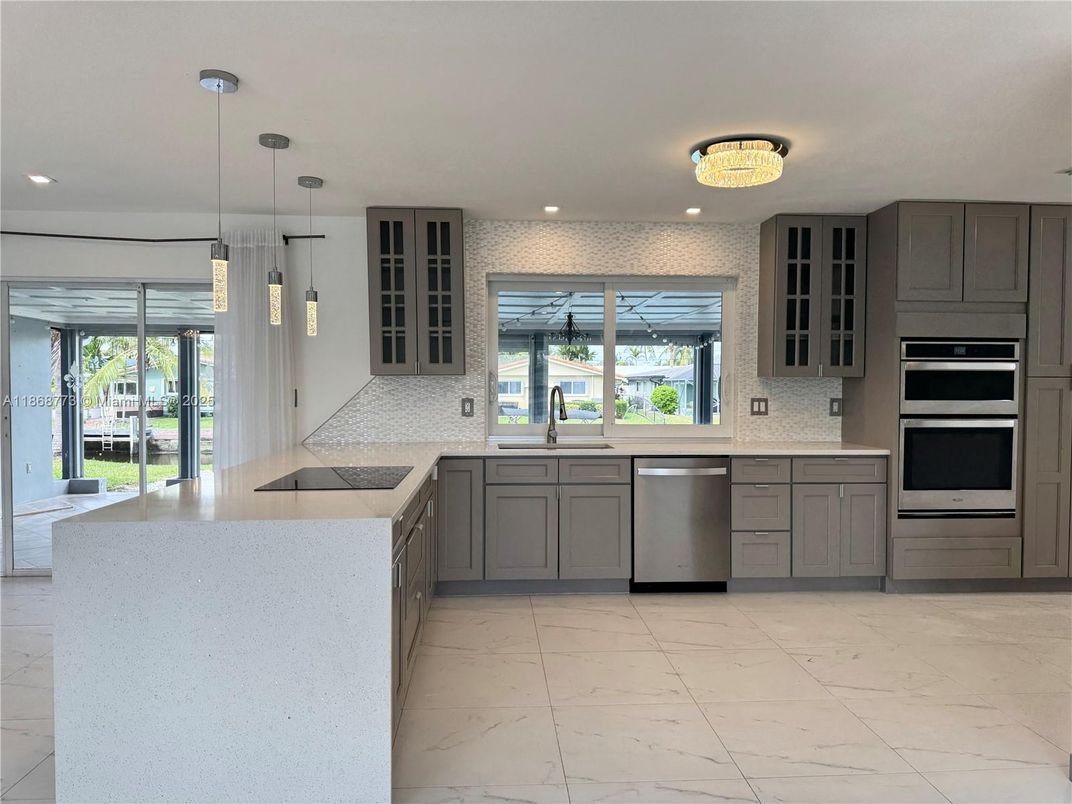 Interior, Kitchen, Marble, Pendant Lights, Recessed Lighting, Stainless Steel Appliances