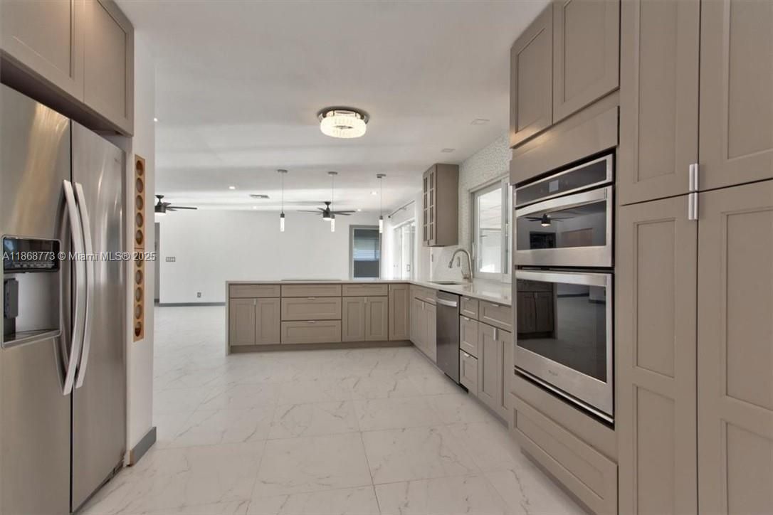 Interior, Kitchen, Marble, Pendant Lights, Stainless Steel Appliances