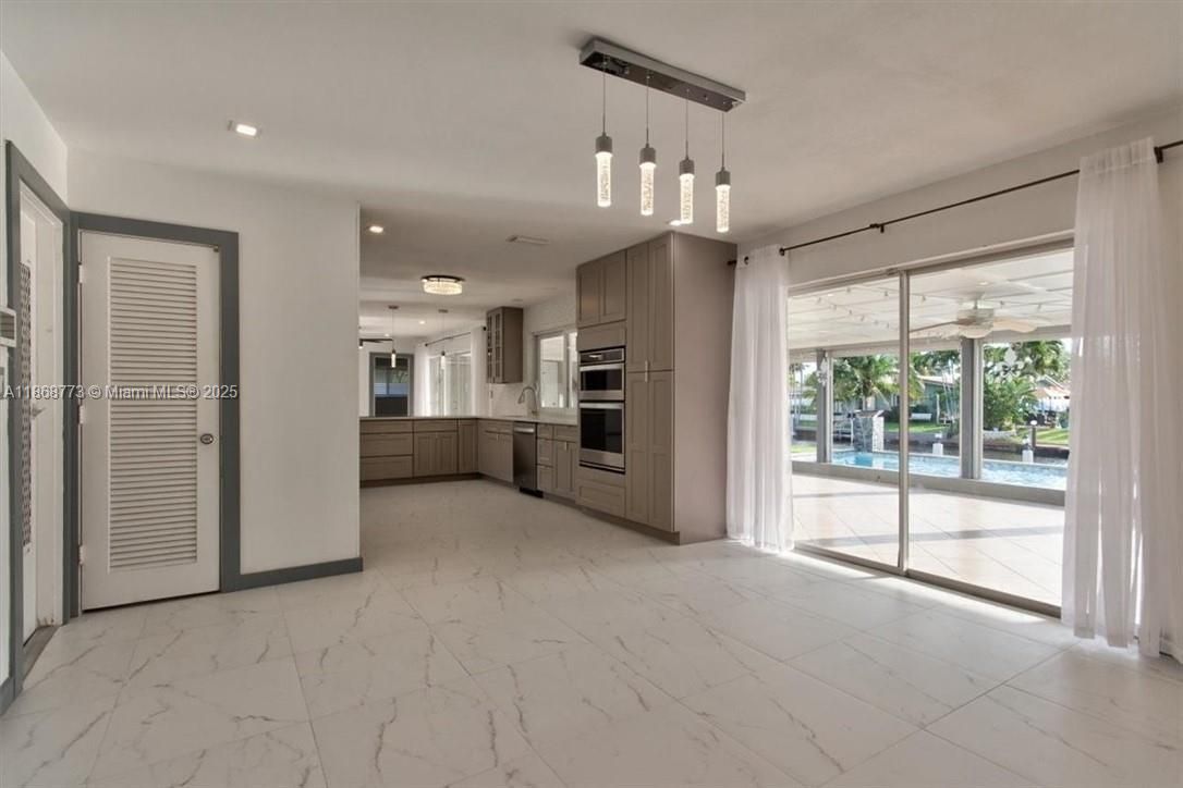 Interior, Kitchen, Marble, Pendant Lights, Recessed Lighting, Stainless Steel Appliances