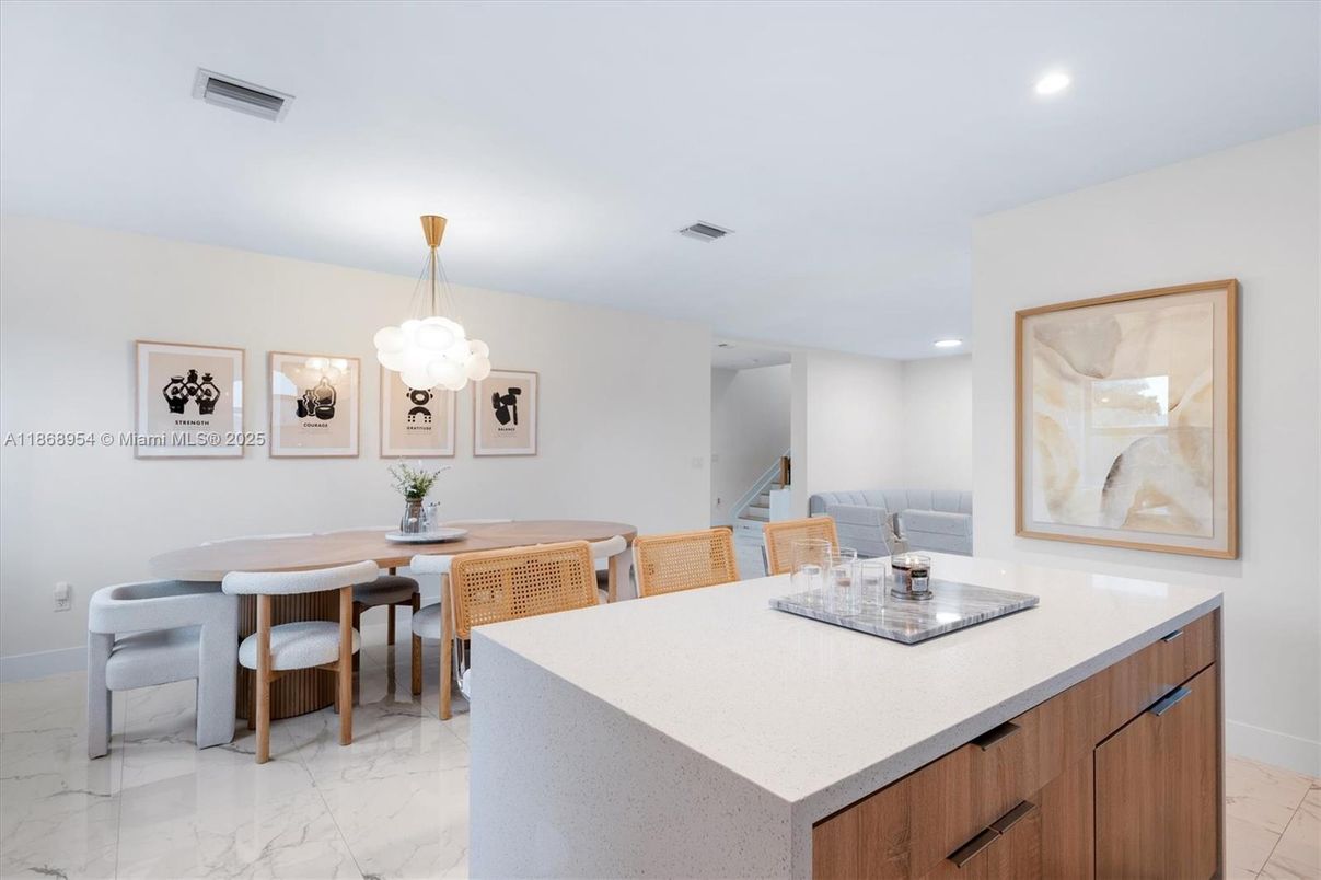 Dining room, Interior, Marble, Pendant Lights, Recessed Lighting