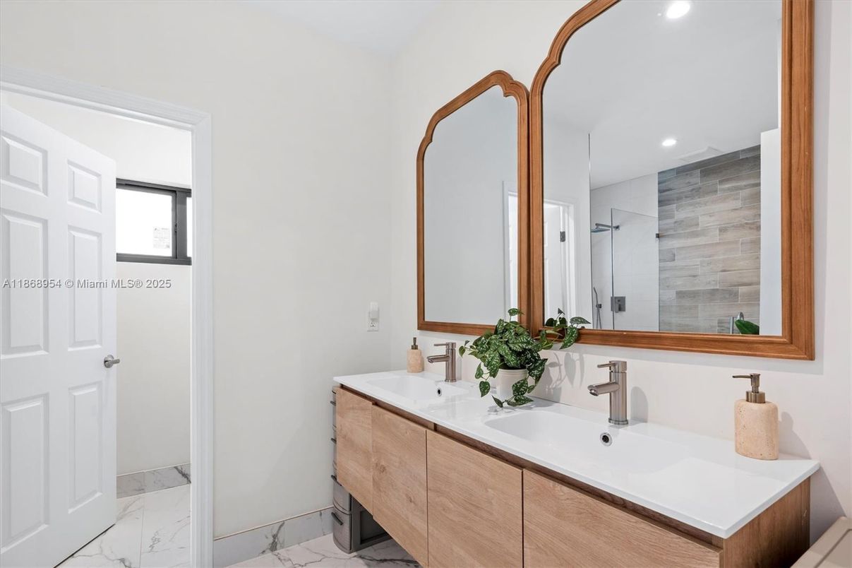 Bathroom, Dual Sink Vanities, Interior, Marble, Recessed Lighting, Wooden Walls