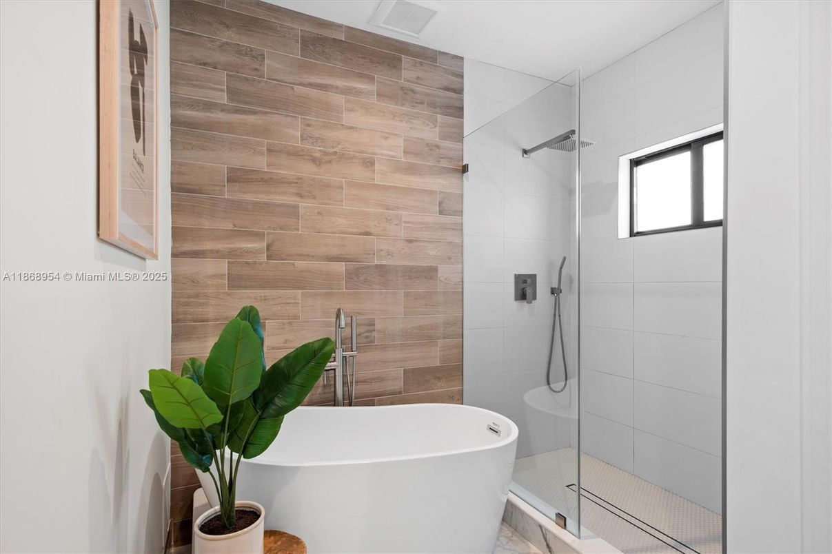 Bathroom, Free Standing Baths, Glass Shower, Interior, Wooden Walls