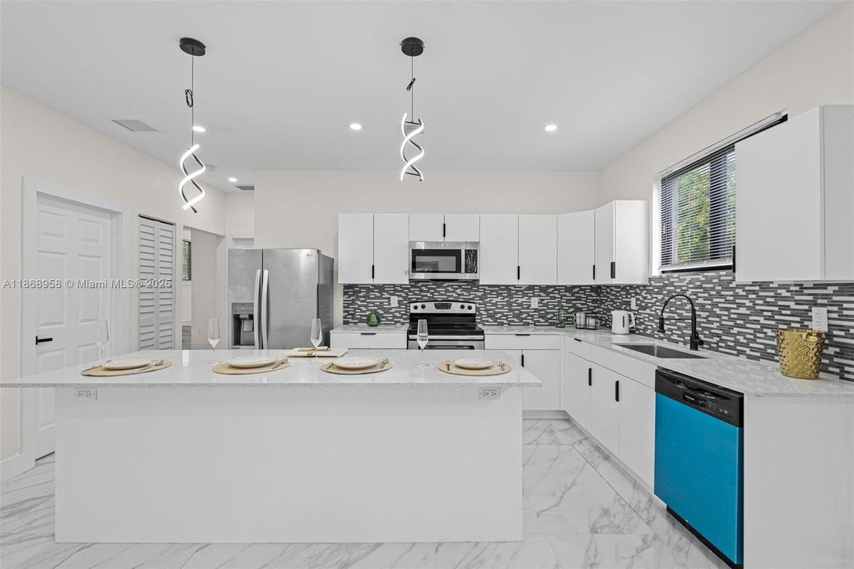 Interior, Kitchen, Marble, Pendant Lights, Recessed Lighting, Stainless Steel Appliances