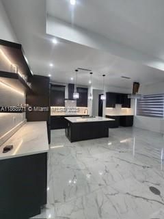 Interior, Kitchen, Marble, Pendant Lights, Recessed Lighting, Stainless Steel Appliances