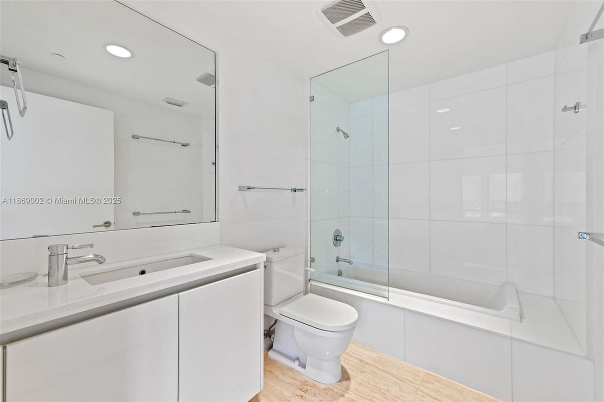 Bathroom, Glass Shower, Interior, Recessed Lighting, Wood Texture Flooring