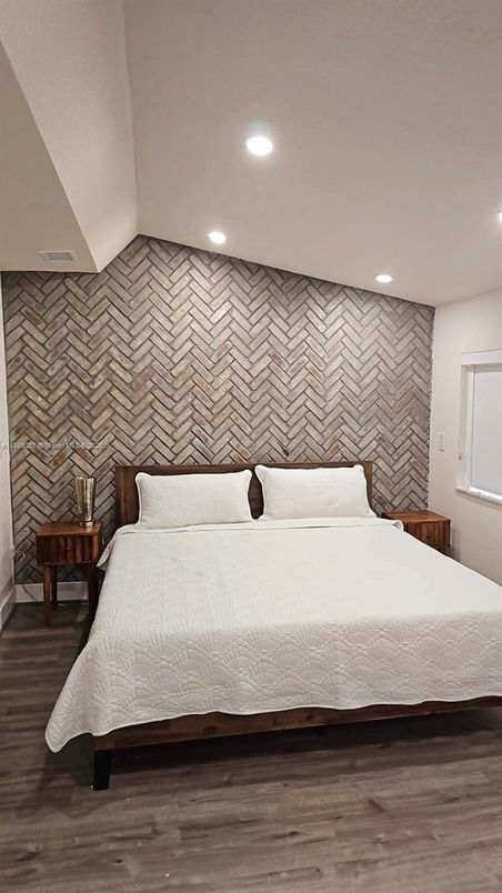 Bedroom, Interior, Recessed Lighting, Stone Walls, Wood Texture Flooring