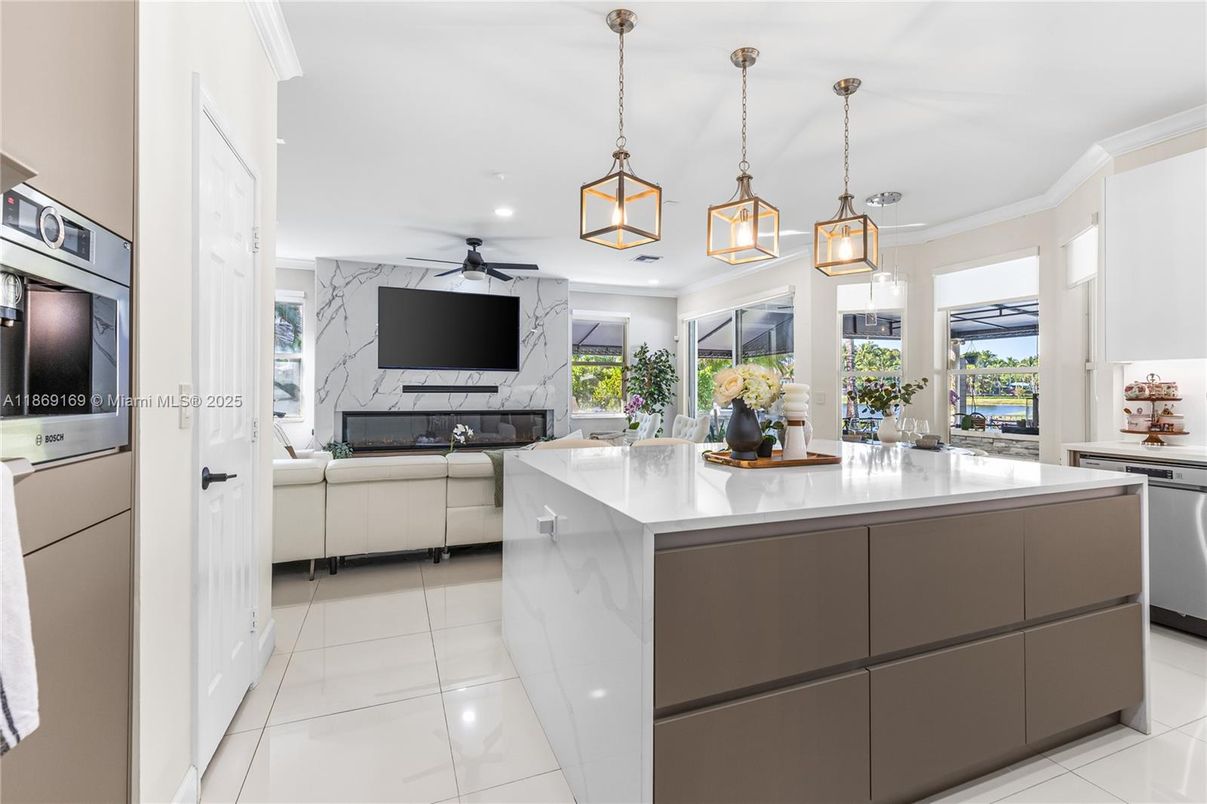Fireplace, Interior, Kitchen, Living room, Marble Walls, Pendant Lights, Recessed Lighting