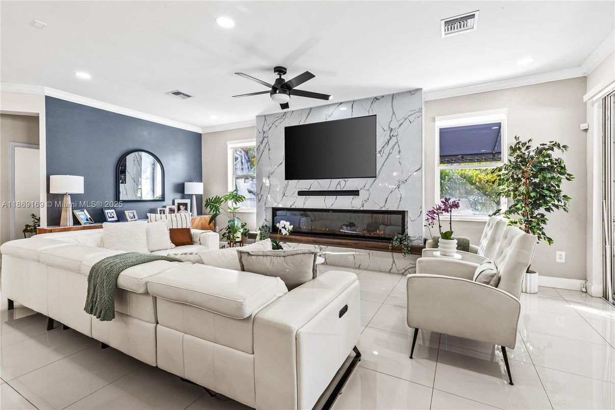 Fireplace, Interior, Living room, Marble Walls, Recessed Lighting