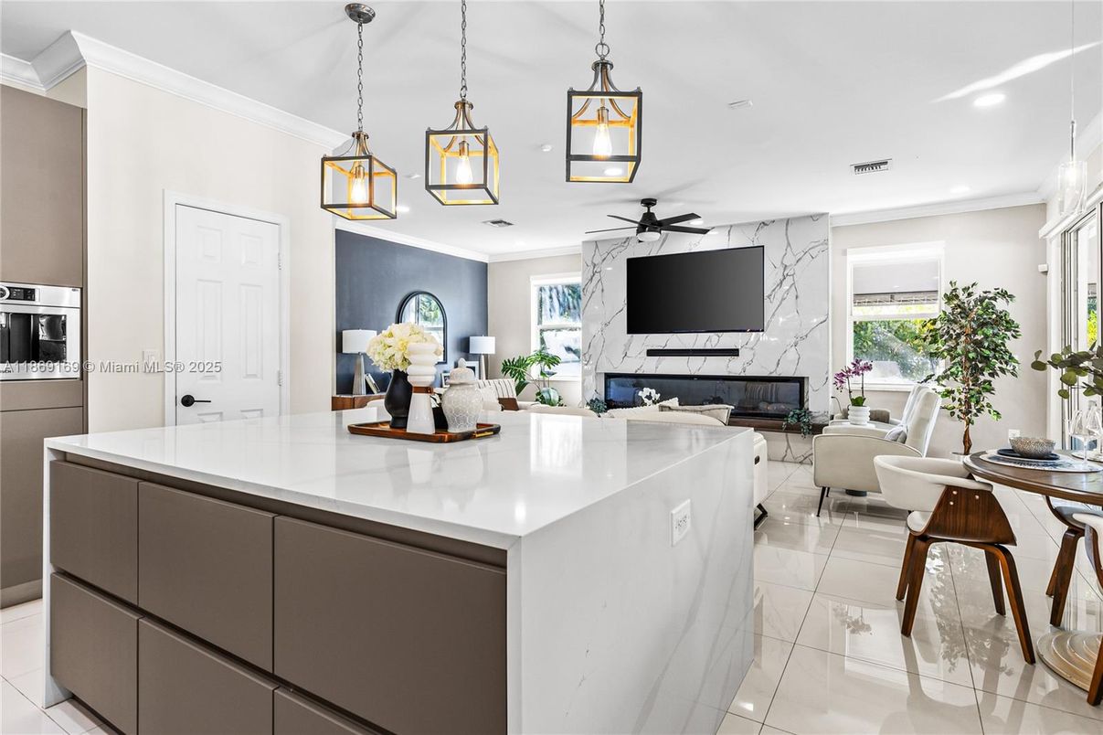 Fireplace, Interior, Kitchen, Living room, Marble, Pendant Lights, Recessed Lighting
