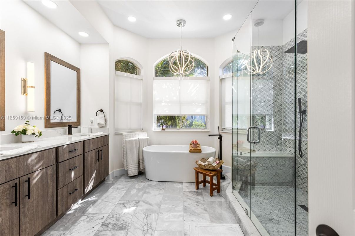 Bathroom, Chandelier, Dual Sink Vanities, Free Standing Baths, Glass Shower, Interior, Marble, Pendant Lights, Recessed Lighting