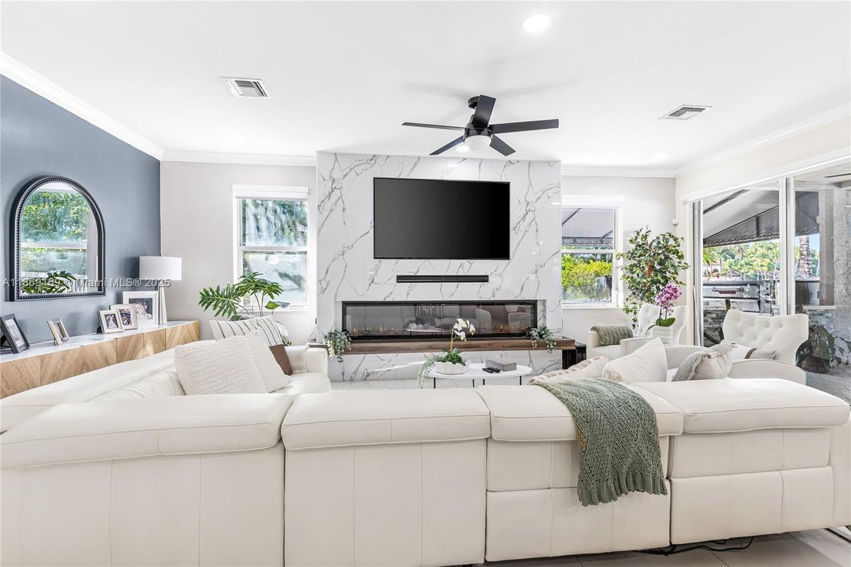 Fireplace, Interior, Living room, Marble Walls, Recessed Lighting