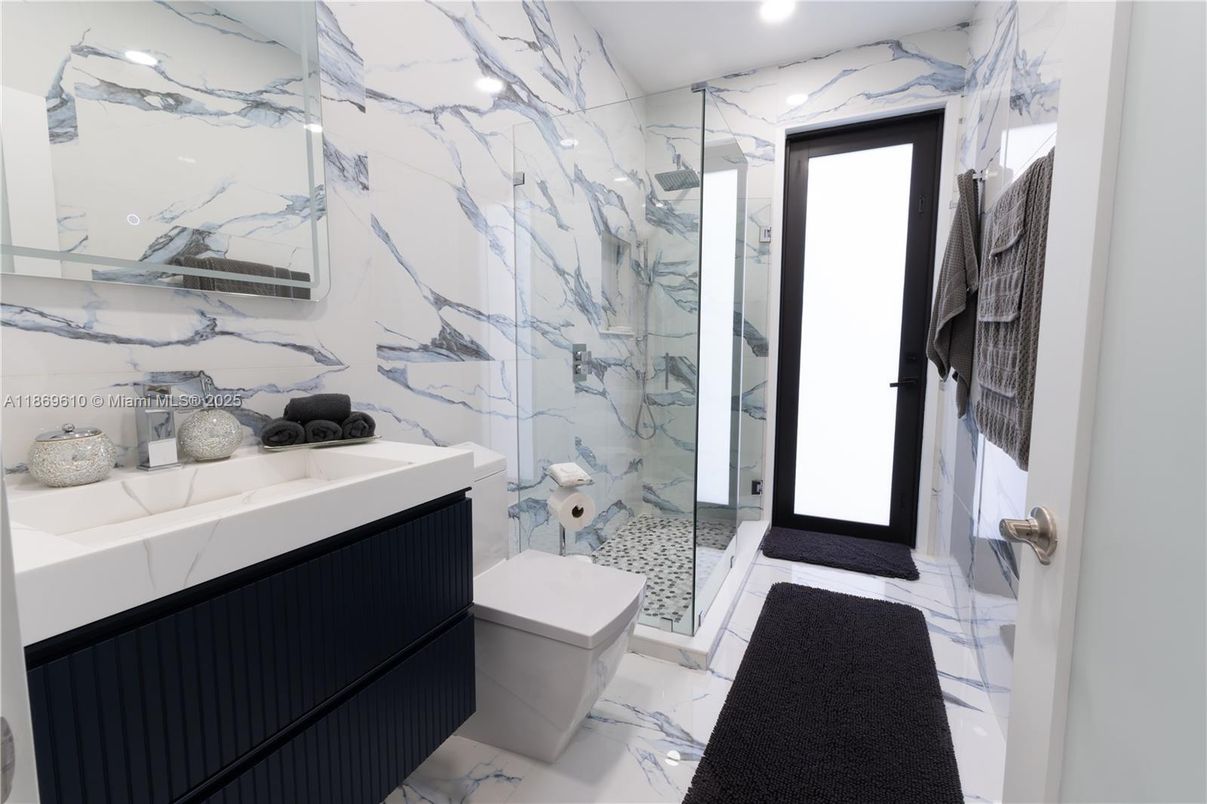 Bathroom, Glass Shower, Interior, Marble, Marble Walls, Recessed Lighting