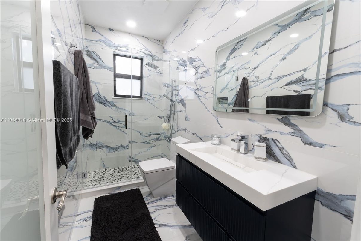 Bathroom, Glass Shower, Interior, Marble, Marble Walls, Recessed Lighting