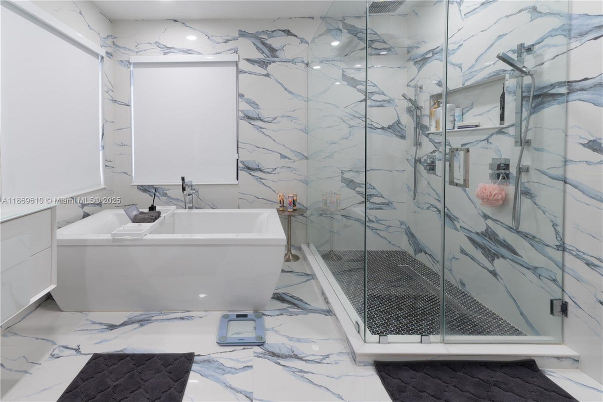 Bathroom, Glass Shower, Interior, Marble, Marble Walls, Recessed Lighting