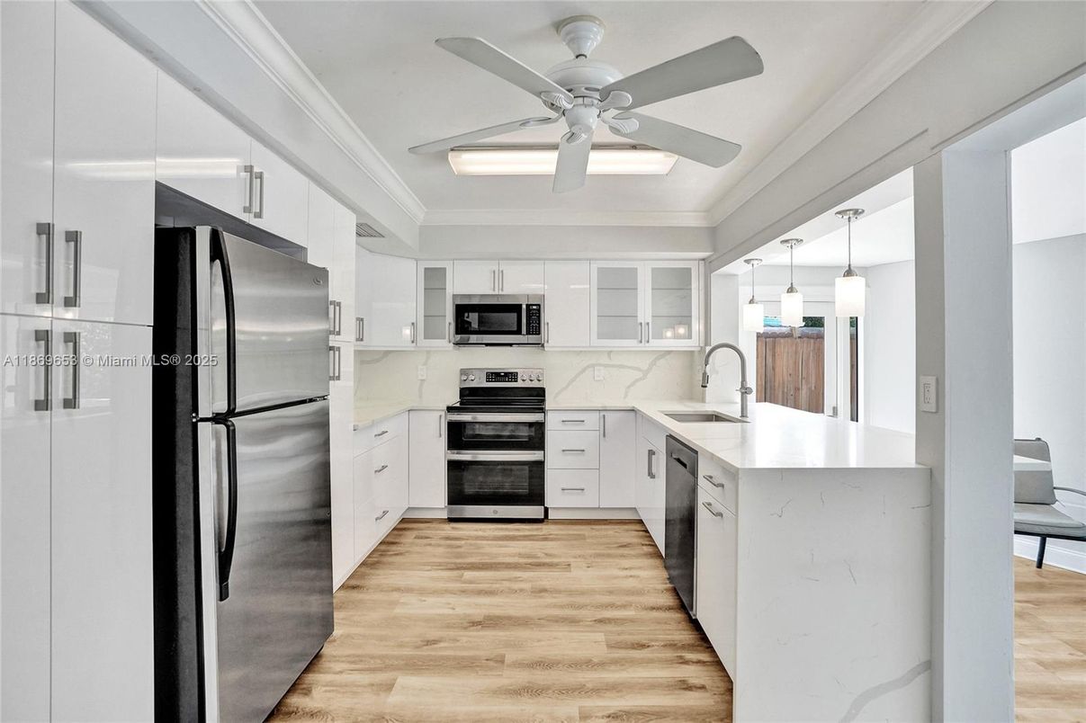 Interior, Kitchen, Pendant Lights, Stainless Steel Appliances, Wood Texture Flooring