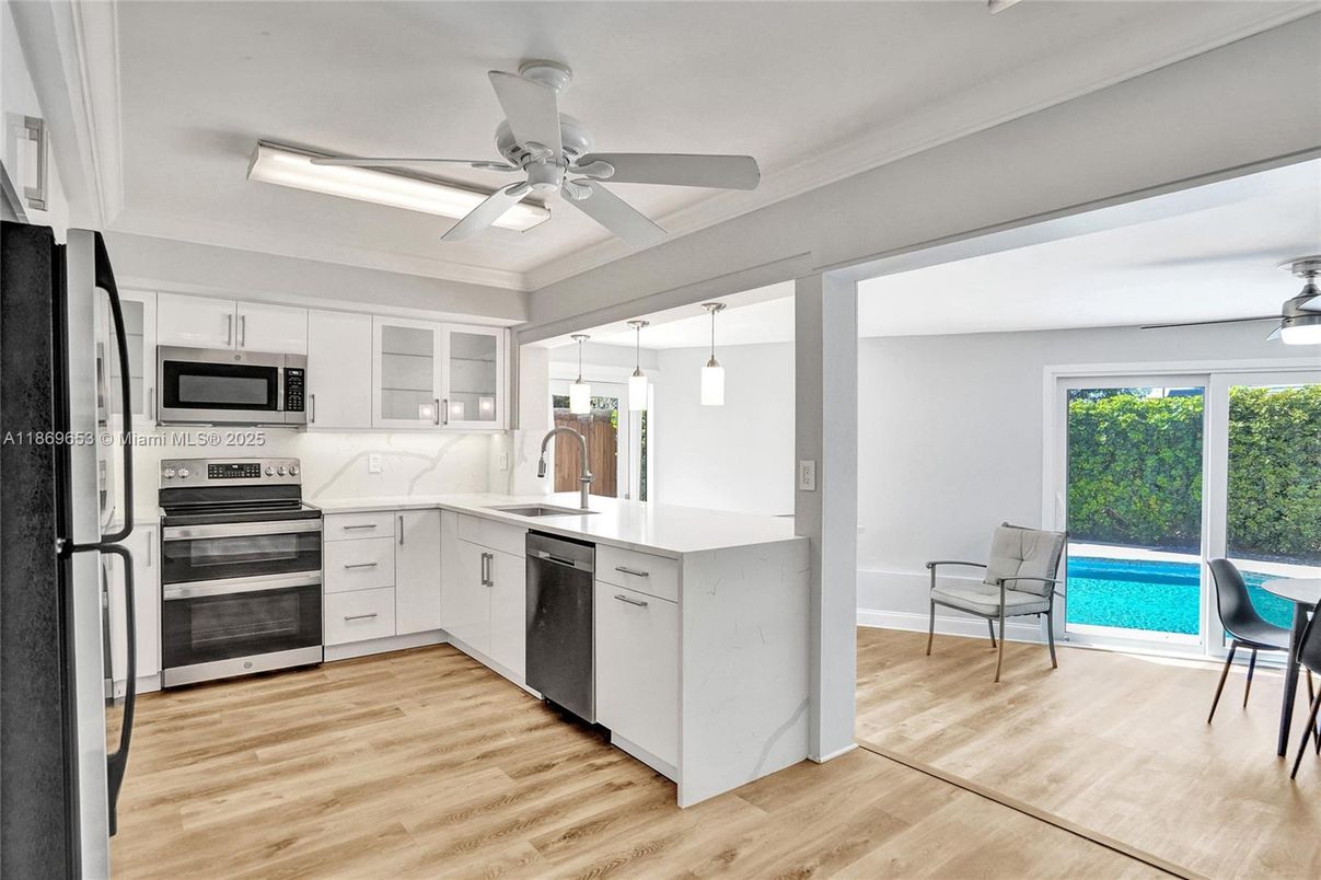 Interior, Kitchen, Pendant Lights, Stainless Steel Appliances, Wood Texture Flooring
