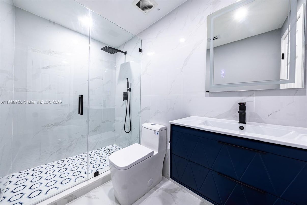 Bathroom, Glass Shower, Interior, Marble, Marble Walls, Recessed Lighting