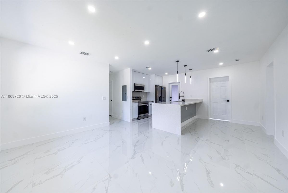 Interior, Kitchen, Marble, Pendant Lights, Recessed Lighting, Stainless Steel Appliances