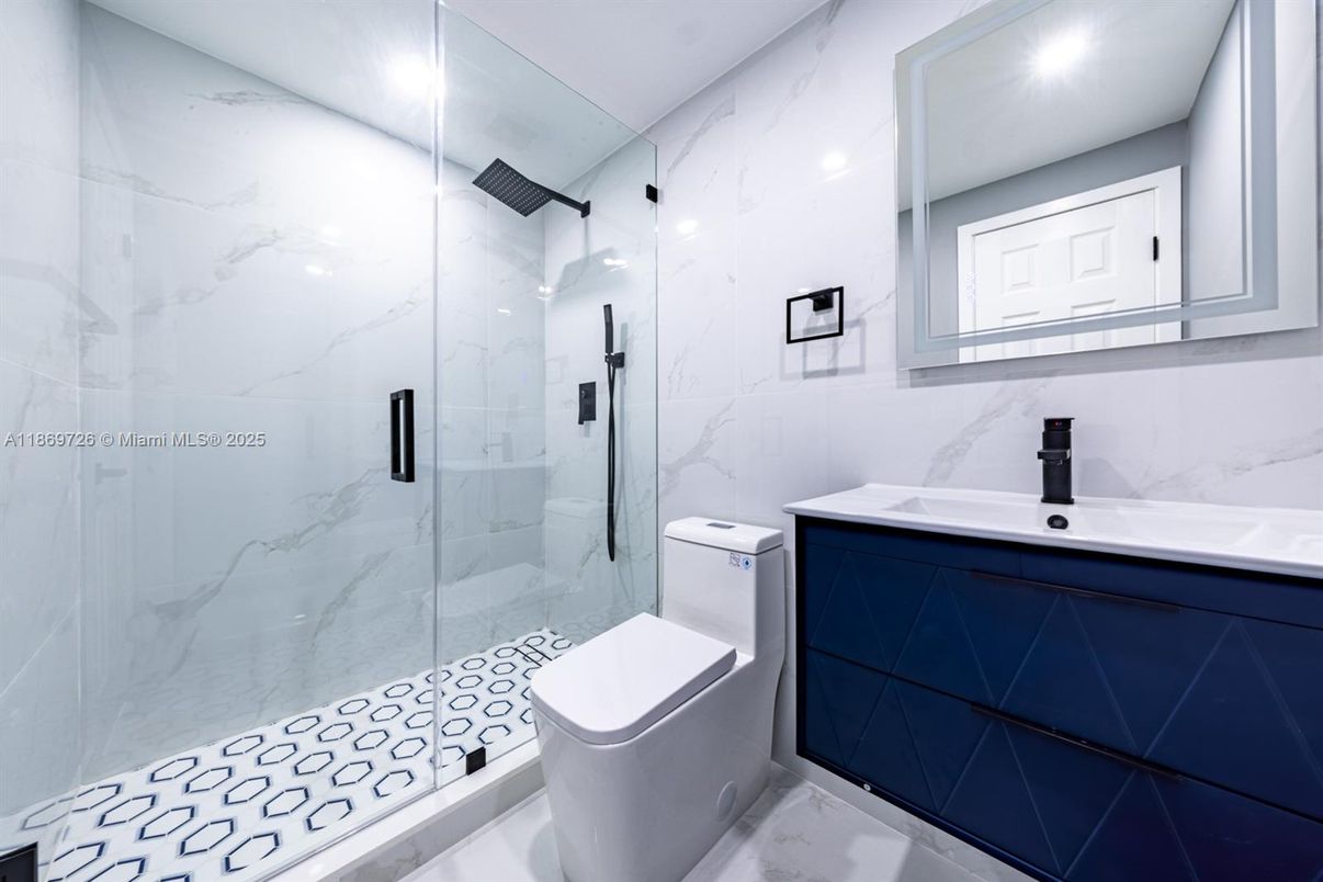 Bathroom, Glass Shower, Interior, Marble Walls, Recessed Lighting