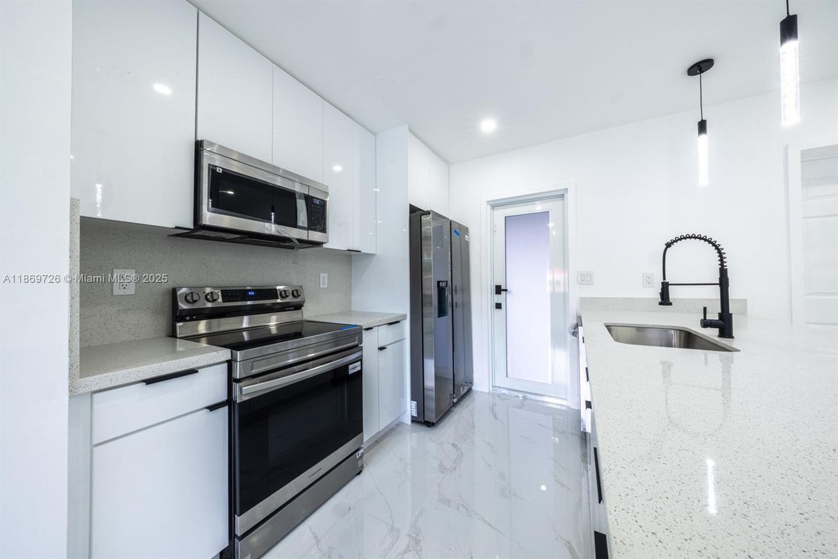 Interior, Kitchen, Marble, Pendant Lights, Recessed Lighting, Stainless Steel Appliances